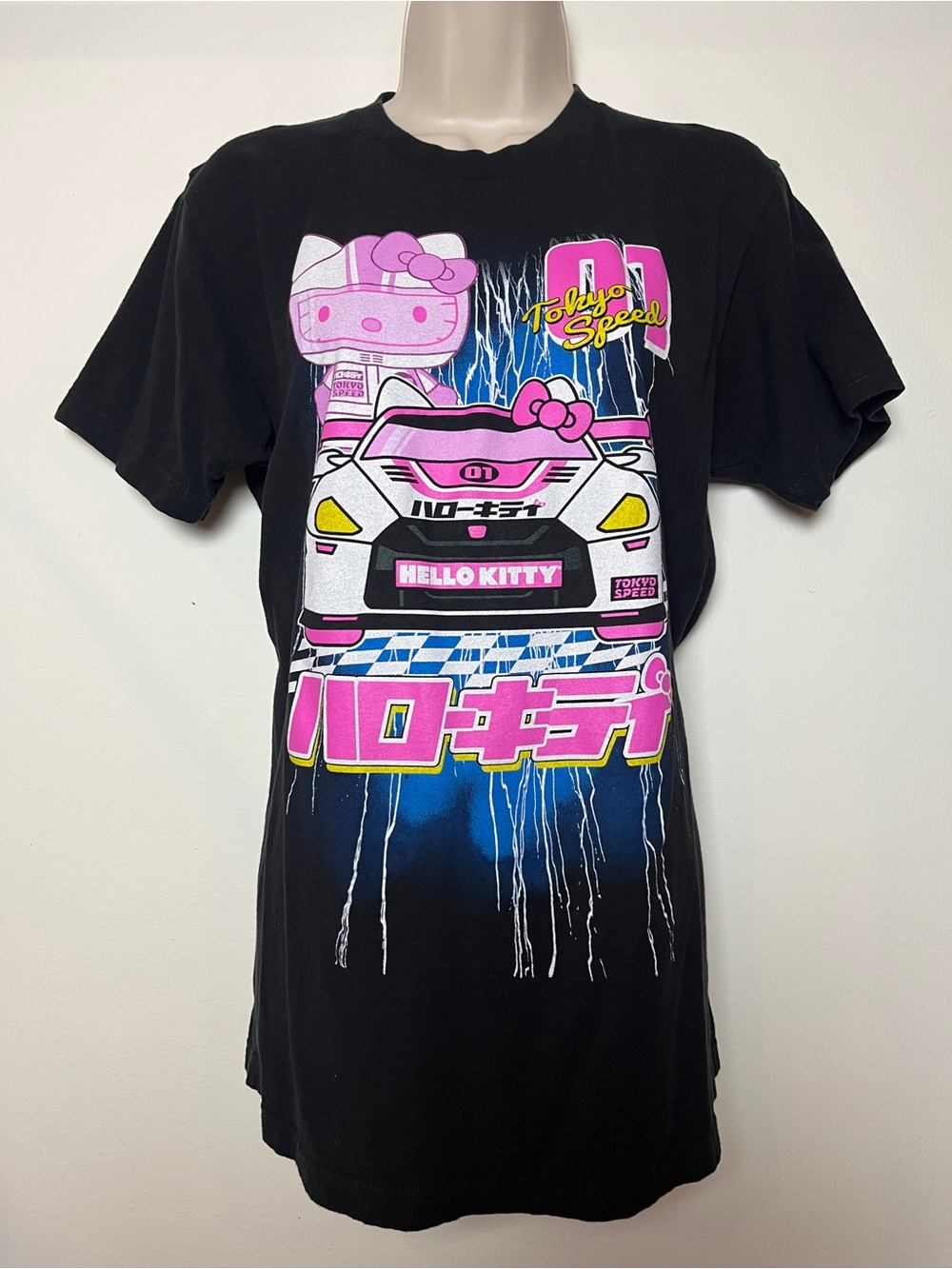 Hello Kitty Tee Black Short Sleeve Graphic Pink Medium Tokyo Cotton Grunge